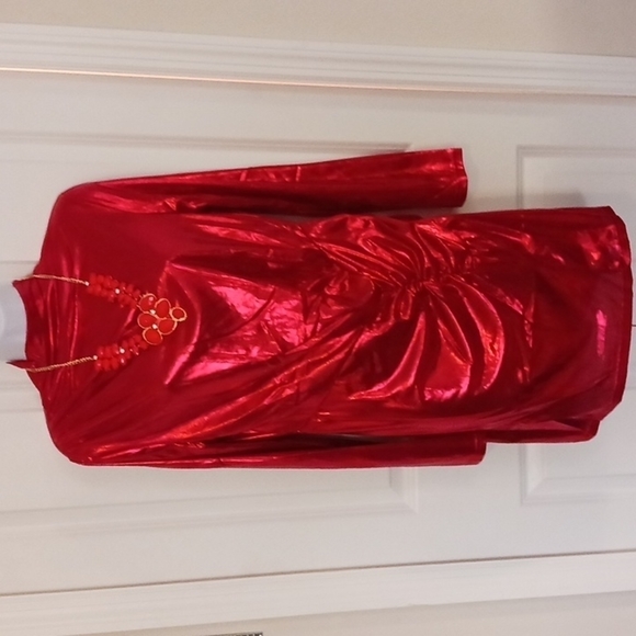 Nwot Y2kMettalic Red Mock Neck Ruched Dress. SIZE L. - Picture 2 of 13